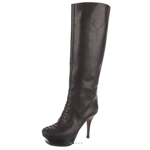 YVES SAINT LAURENT Rive Gauche YSL High Knees Leather Heel Boots - Picture 1 of 7